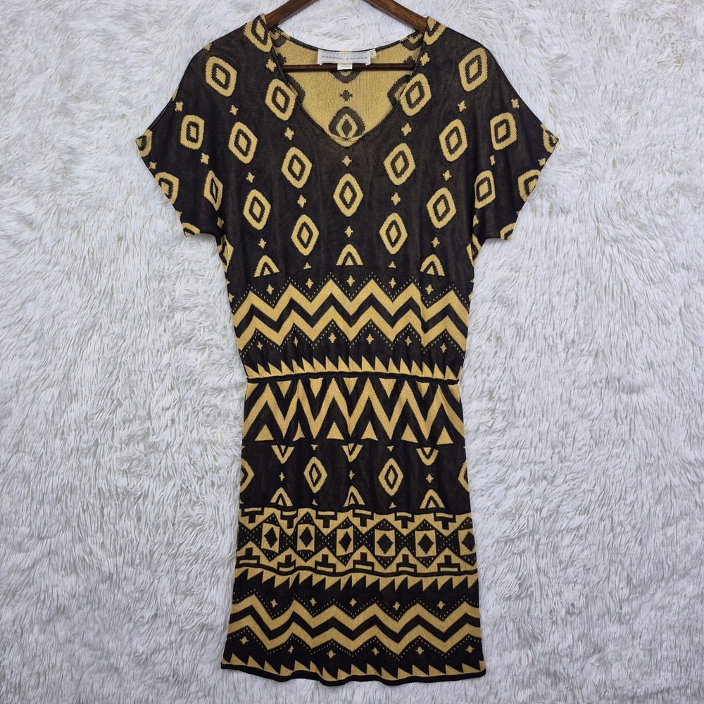 Vtg Brenda French Hand Loomed Knit Dress Black Gold Geometric Tribal Rayon Small